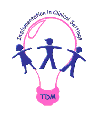 Logo of the Therapeutic Relationships from Hospital to Community study depicting three figures with arms outstretched arranged around a lightbulb.